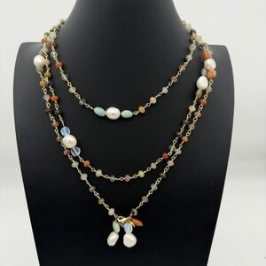 HSN Joya 925 Freshwater Pearl & Gemstone Necklace Flapper 62 Inches Layering‎